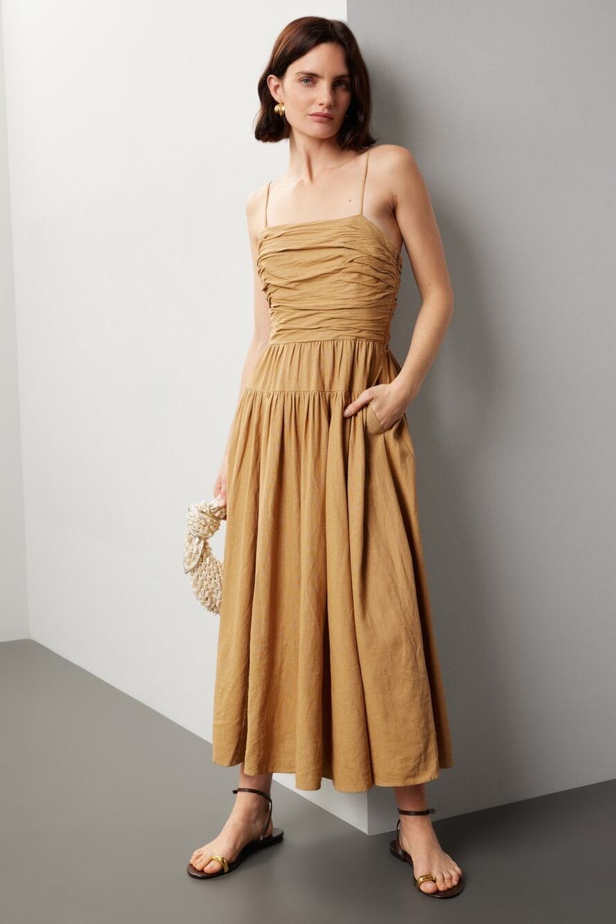 TOCCIN x RTR Brown Khaki Square Neck Ruched Bodice Tie Waist Midi Dress Size 8 - Picture 1 of 11